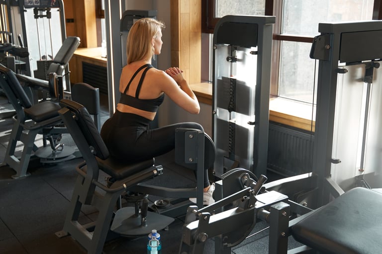 Back view of athletic female working out on hip abduction exercise machine