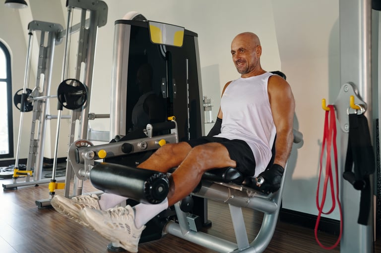 Mature muscular man doing exercises on his legs in sport gym