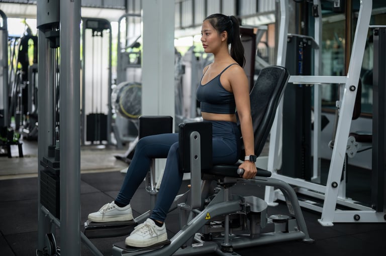 Sporty strong Asian woman in sportswear exercising on hip abduction machine in gym