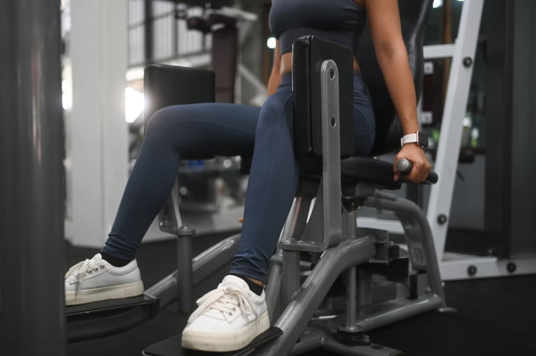 Unrecognizable athletic woman exercising her legs on abductor machine at gym