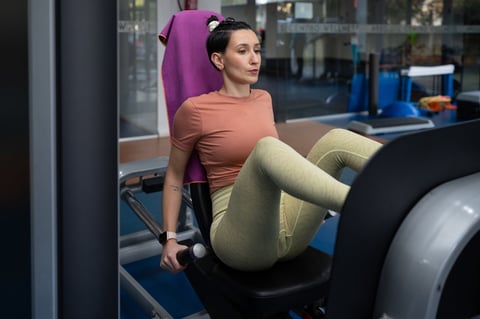 Female athlete pressing leg weights focusing intently during strength training session developing muscular lower body