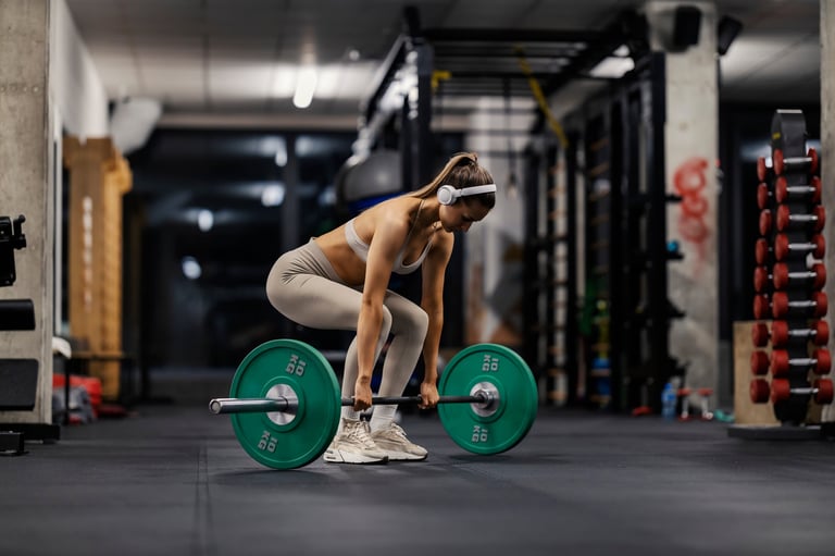 Powerful muscular female bodybuilder lifting barbell at gym