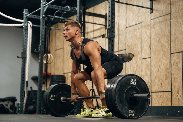 Athletic man performing weightlifting exercises with a barbell in a gym