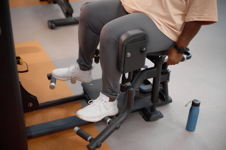 Woman using gym leg exercise machine, gripping handles while seated