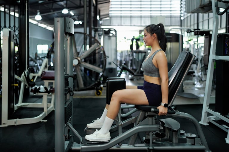 Female doing weight exercise for legs by Inner Thigh Machine in the sports gym.