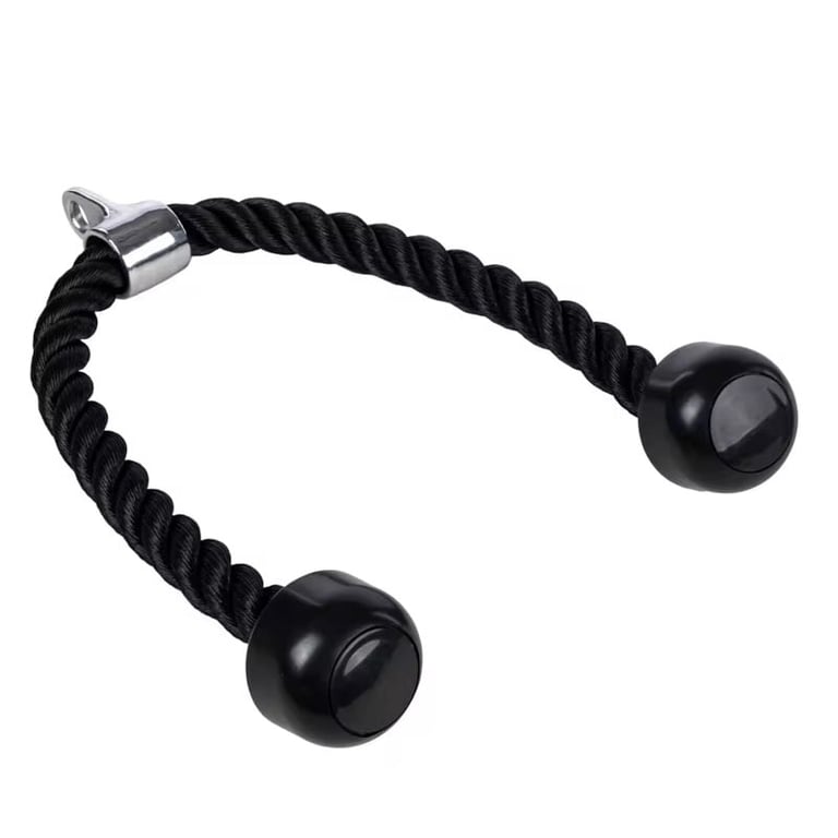 Black rope fitness cable attachment with metal and rubber handles for gym equipment