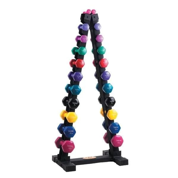A-frame dumbbell rack displaying colorful pairs of weights stacked vertically in various colors including pink, purple, green, red, black, yellow, blue, and burgundy