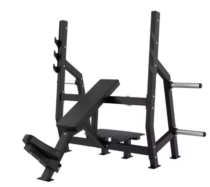 Black weight bench with adjustable leg press attachment and barbell uprights, isolated on white background