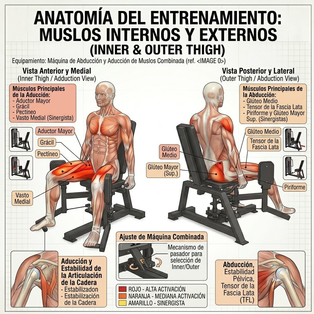 Diagrama anatómico mostrando los músculos internos y externos del muslo durante ejercicios en máquina de entrenamiento, con grupos musculares etiquetados y direcciones de movimiento.