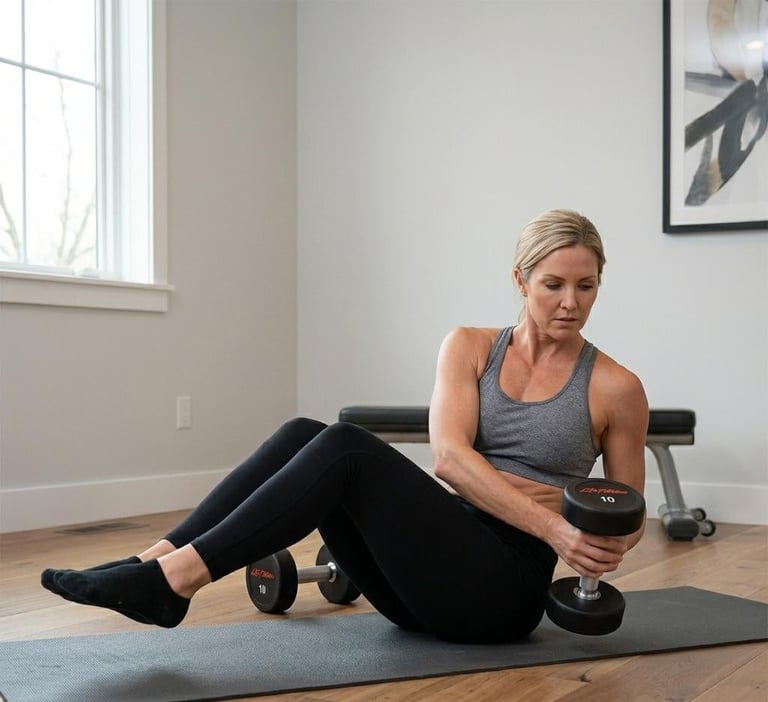 Woman performing a seated core exercise with dumbbells on a yoga mat in a bright home gym