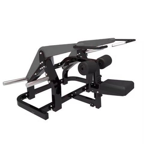Black leg press machine with adjustable foot plate and handlebar grip for gym strength training
