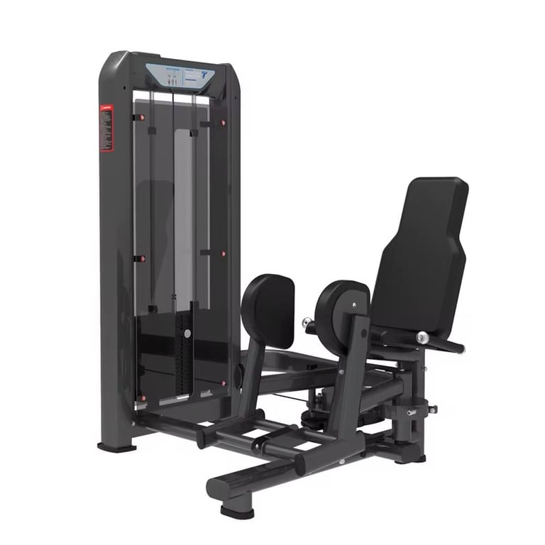 Black leg press machine with digital display and adjustable seat for gym workouts