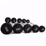 Set of black dumbbells with weight labels ranging from 10kg to 50kg
