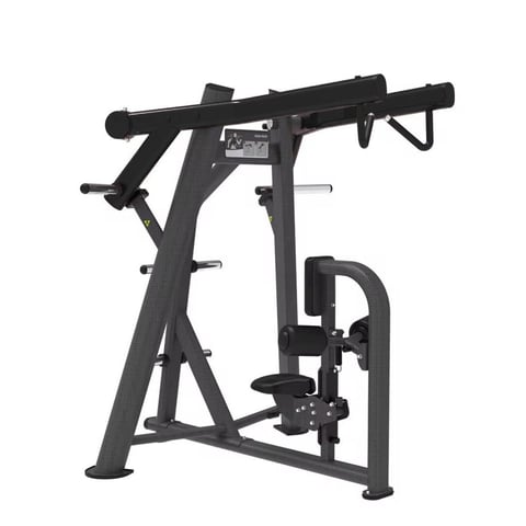 Black commercial gym machine for leg press or lower body exercises with seat and foot platform