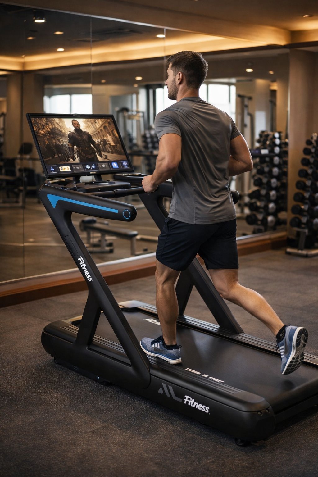 Man running on a treadmill with touchscreen display in a modern gym with mirrored walls and weight racks