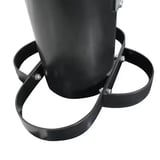 Black metal downspout bracket with three adjustable bands for securing a vertical pipe to a building wall