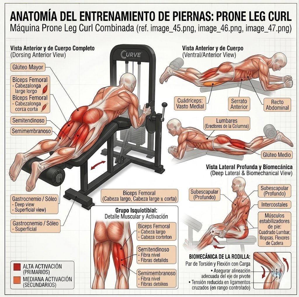 Anatomical diagram showing muscles engaged during prone leg curl exercise from multiple views with labeled muscle groups and activation levels