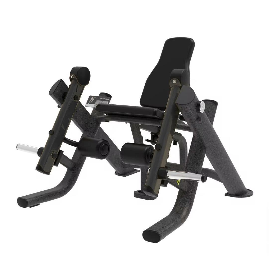 Black leg press exercise machine with padded backrest and footrest against white background
