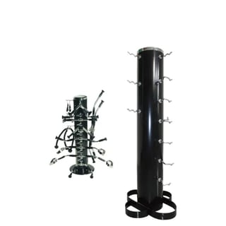 Two black exercise equipment pieces: a compact leg press machine on the left and a tall vertical power tower with multiple attachment handles on the right