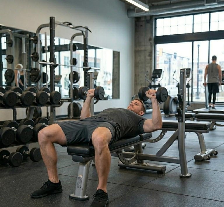 Man performing dumbbell bench press on a weight bench in a gym with other people and exercise equipment in the background