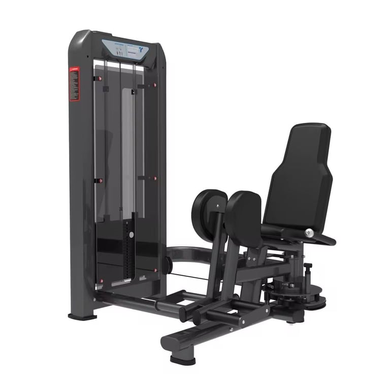 Black leg press exercise machine with padded seat and foot platform against white background