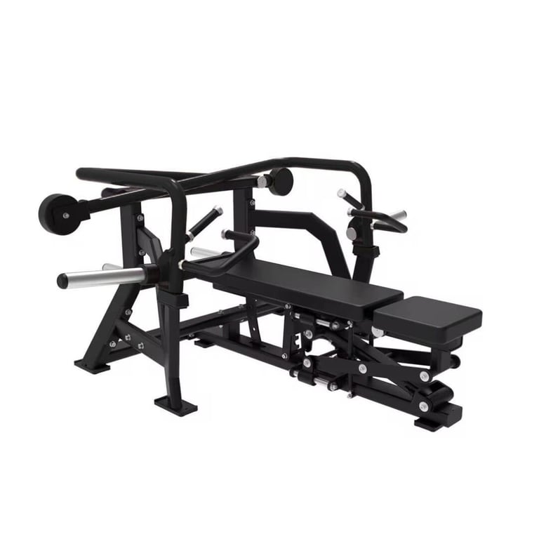 Black multi-station weight training machine with barbell rack, bench, and leg press attachment on white background
