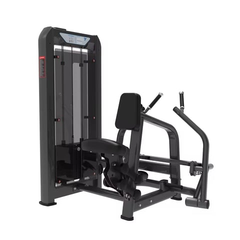 Black commercial leg press machine with vertical frame, digital display, and padded seat for gym exercise