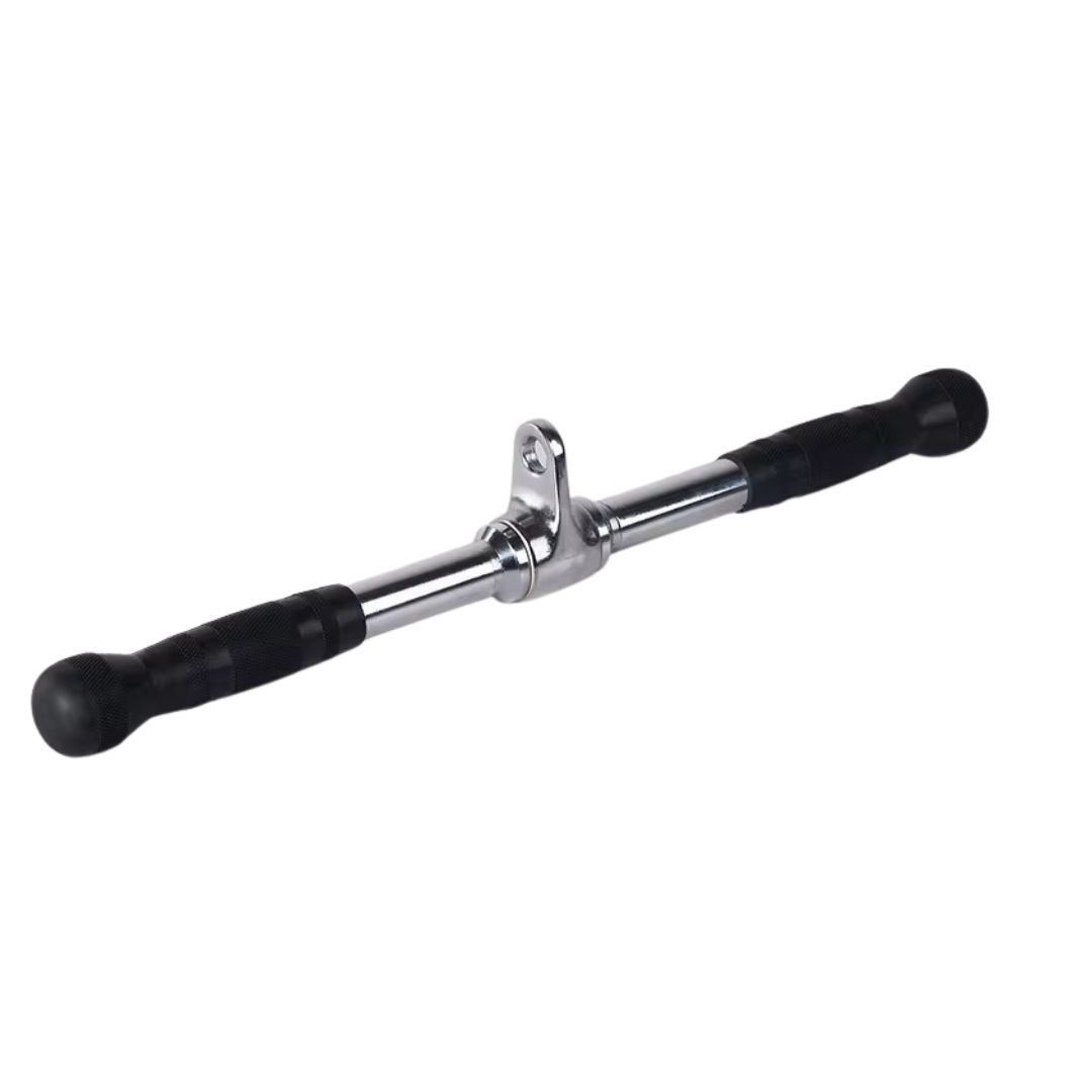 Chrome and black lat pulldown bar with padded handles and adjustable center attachment mechanism