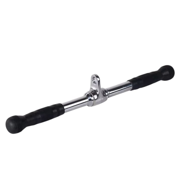 Chrome and black lat pulldown bar with padded handles and adjustable center attachment mechanism
