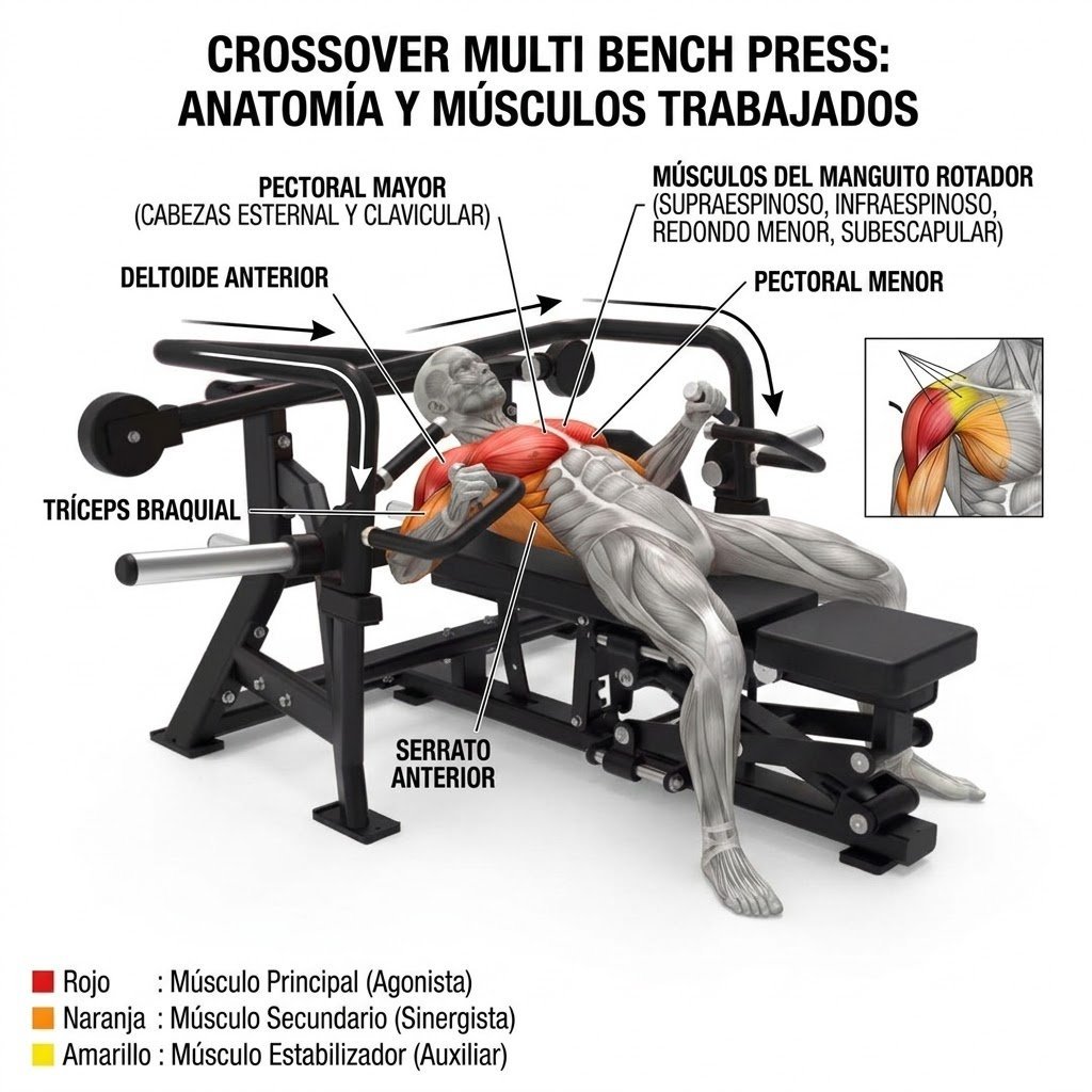 Anatomical diagram of crossover multi bench press showing labeled muscle groups including pectoralis major, deltoids, triceps, and pectoralis minor highlighted in red, orange, and yellow.