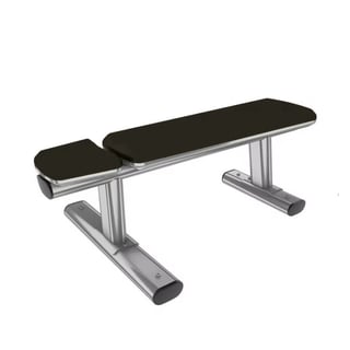 Weight bench with black padded seat and backrest, silver metal frame and base, viewed from above at an angle