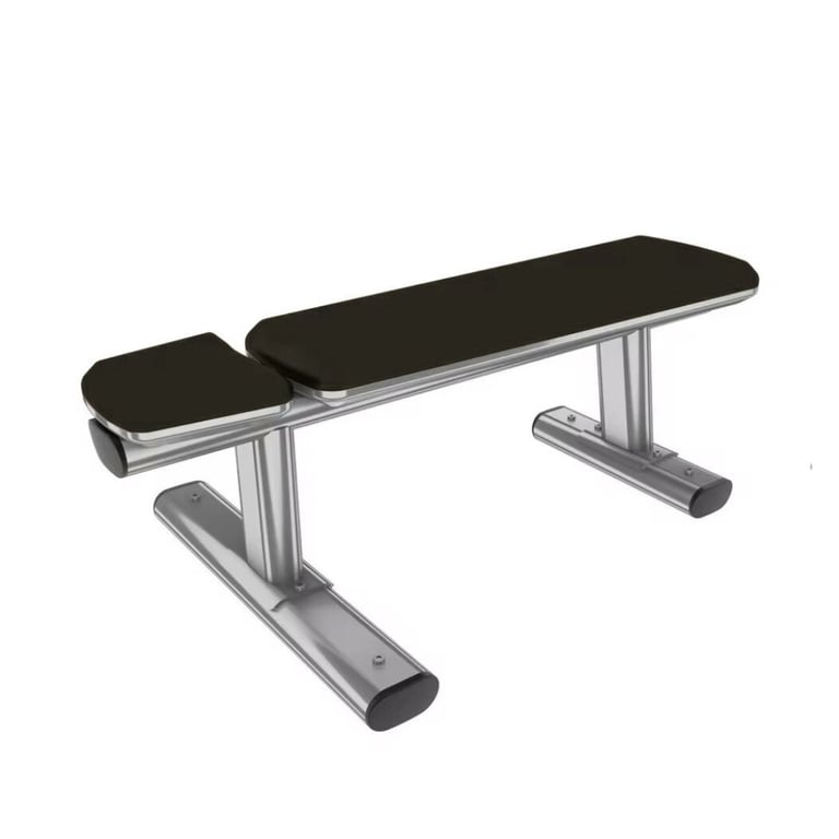 Weight bench with black padded seat and backrest, silver metal frame and base, viewed from above at an angle