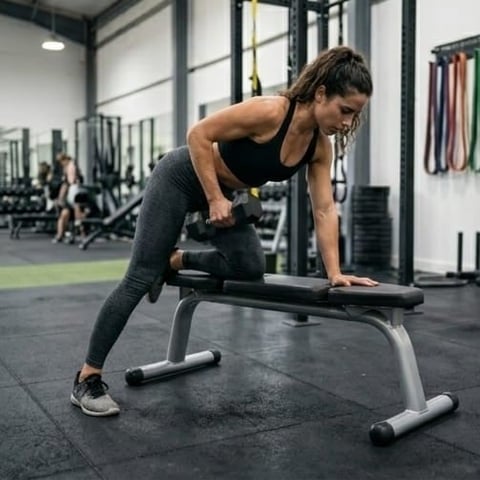 Woman performing one-arm dumbbell row exercise on a flat bench in a modern gym facility