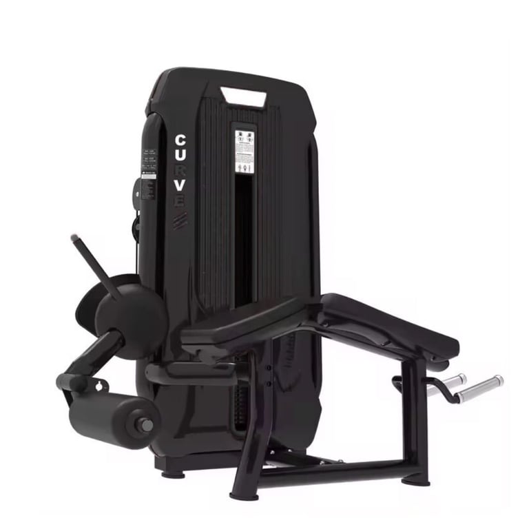 Black leg press exercise machine with foot platform and backrest against white background