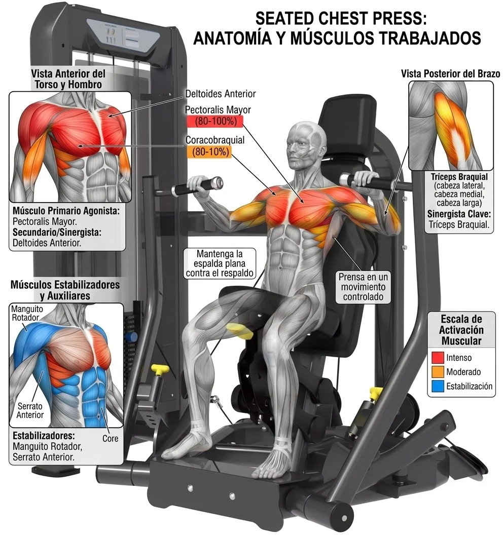 Seated chest press exercise machine with anatomical diagram showing worked muscles in Spanish, including pectoralis, deltoids, and stabilizer muscles