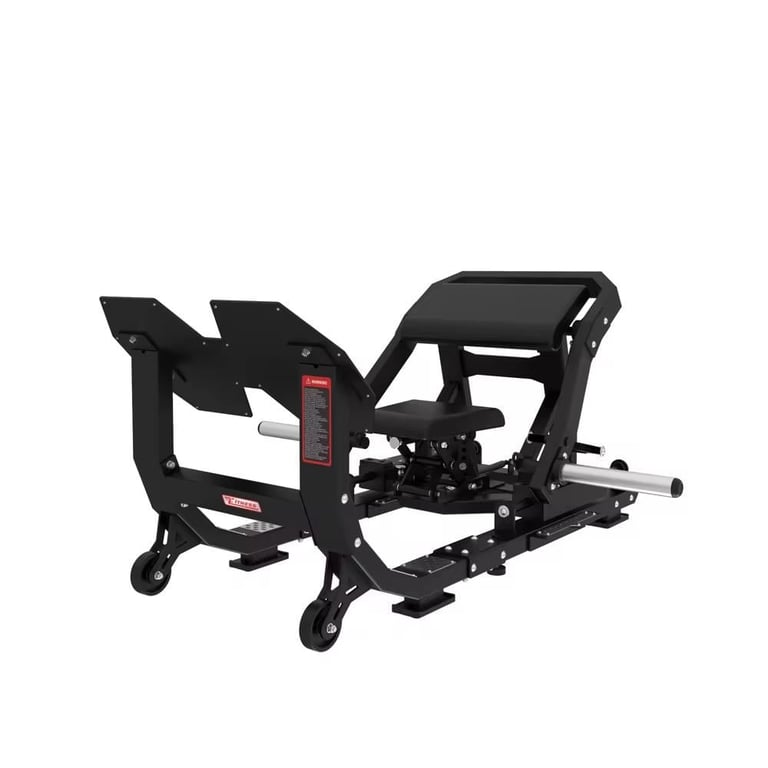 Black leg press exercise machine with footplate and padded backrest, isolated on white background