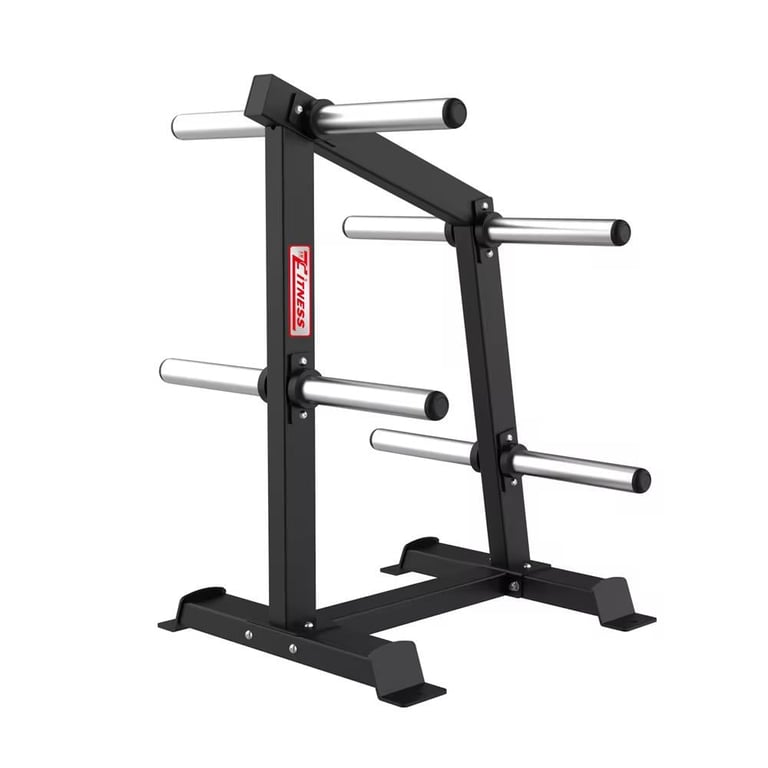 Black weight plate rack with adjustable horizontal bars for storing and organizing weight plates and barbell bars