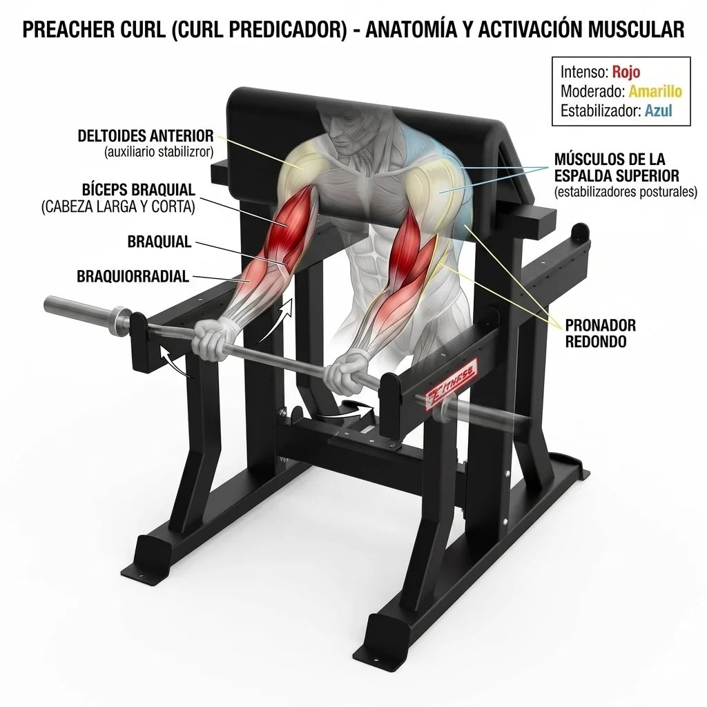 Anatomical diagram showing preacher curl exercise with labeled muscles including biceps, brachioradialis, and deltoids on exercise machine