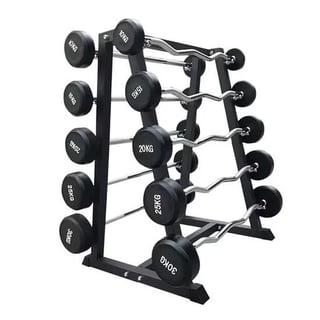 Black dumbbell rack holding multiple pairs of weights ranging from 5kg to 20kg, organized on a metal storage frame