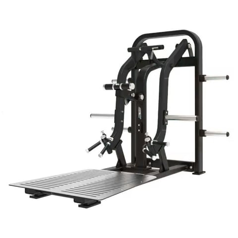 Black commercial gym machine with metal frame, handlebar attachments, and footplate platform for strength training exercises