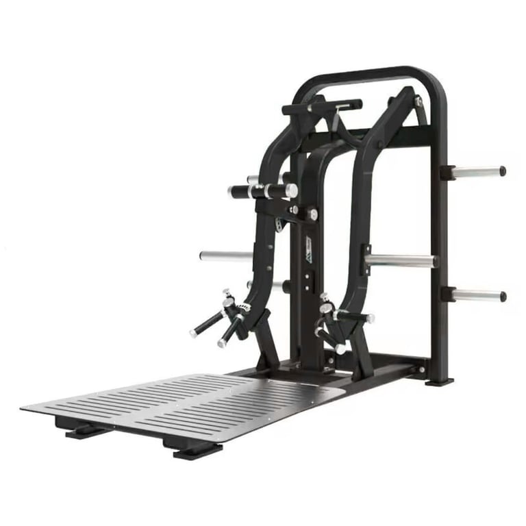Black commercial gym machine with metal frame, handlebar attachments, and footplate platform for strength training exercises