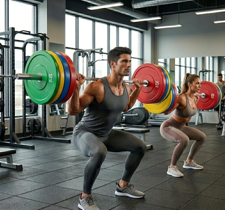 Man and woman performing barbell squats with colorful weights