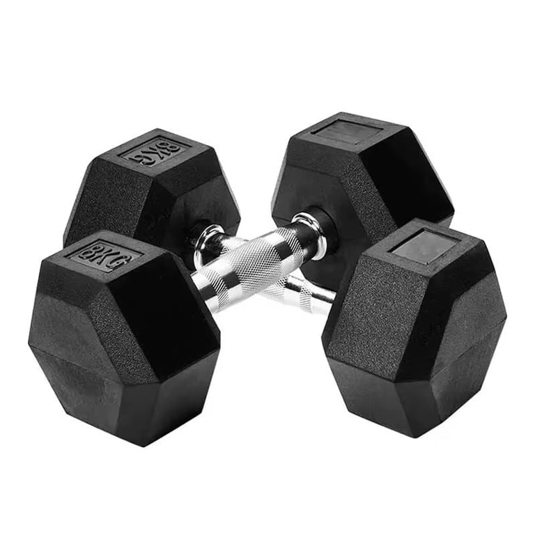 Pair of black hexagonal dumbbells with chrome handles on white background