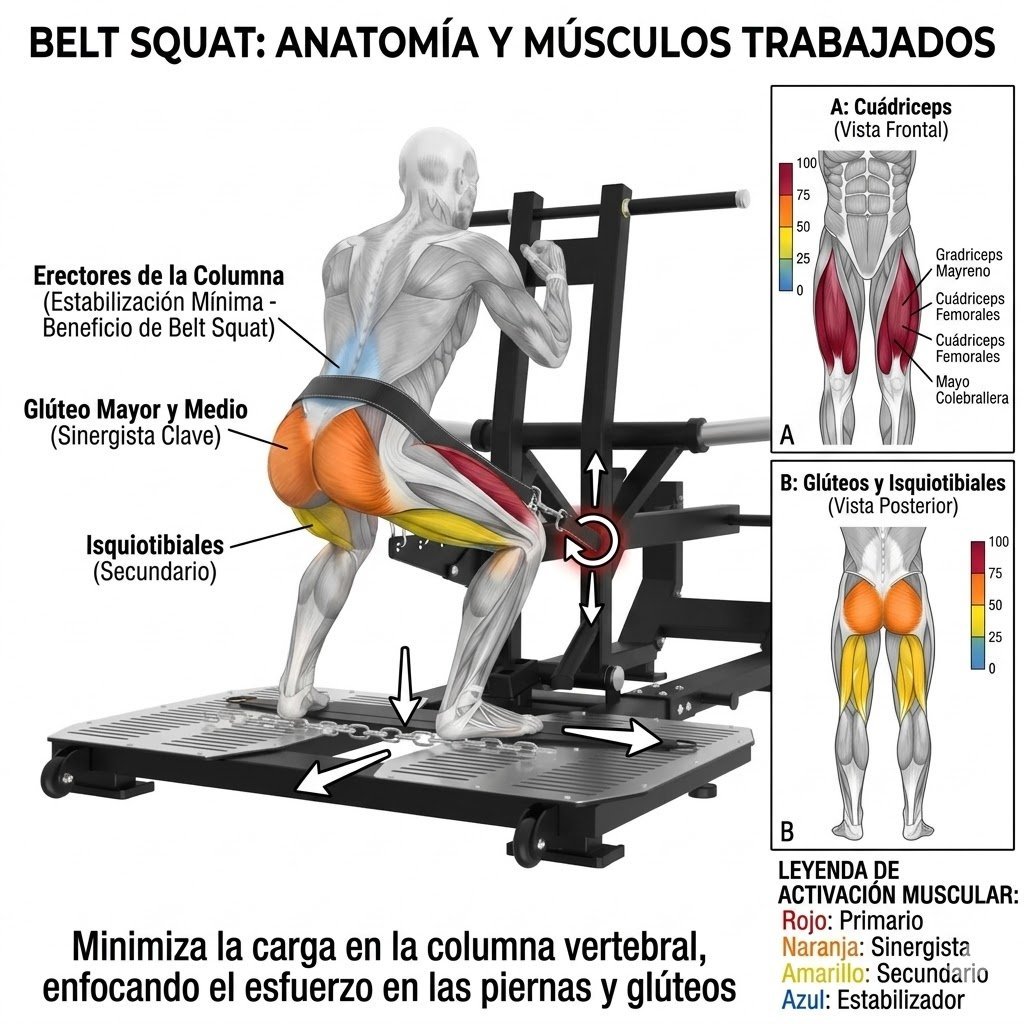 Anatomical diagram of belt squat exercise showing muscle groups worked including glutes, quadriceps, and isquiotibials with muscle activation heat maps