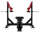 Red and black bench press with adjustable safety bars and seat, viewed from front