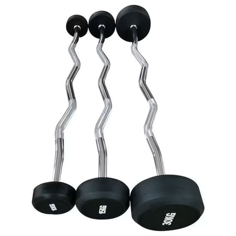 Set of three black and silver curl bar dumbbells with wavy handles on a white background