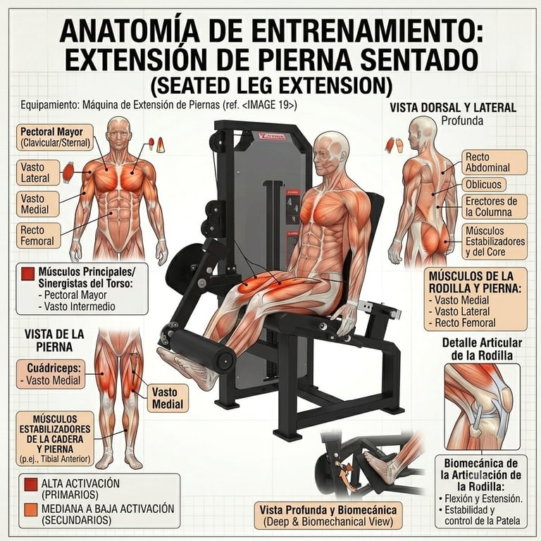 Anatomical diagram showing muscles worked during seated leg extension exercise with equipment, muscle groups highlighted, and directional views