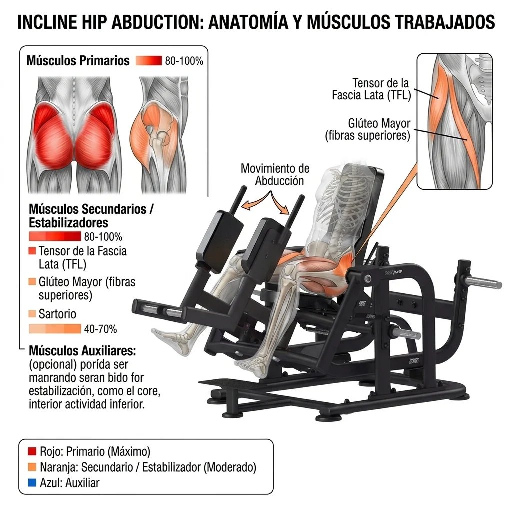 Anatomical diagram showing muscles worked during incline hip abduction exercise on a leg machine, with labeled primary, secondary, and auxiliary muscles highlighted in red, orange, and blue.