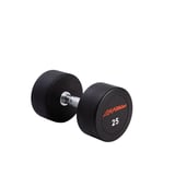 Black 25-pound dumbbell with chrome handle and red branding on white background