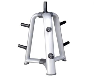 Silver and black weight plate loaded barbell stand with four side bars for gym equipment storage